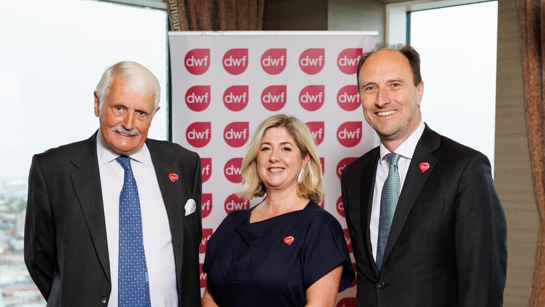 L-R DWF co-founder Jim Davies, Managing Partner of DWF in Belfast Julie Galbraith, and DWF CEO Matthew Doughty.