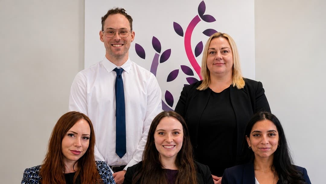 Standing are Matthew Griffiths Jenna Leach Seated are Emily Bailey Hannah Oreilly and Anouska Seedheeyan from LCF Law.